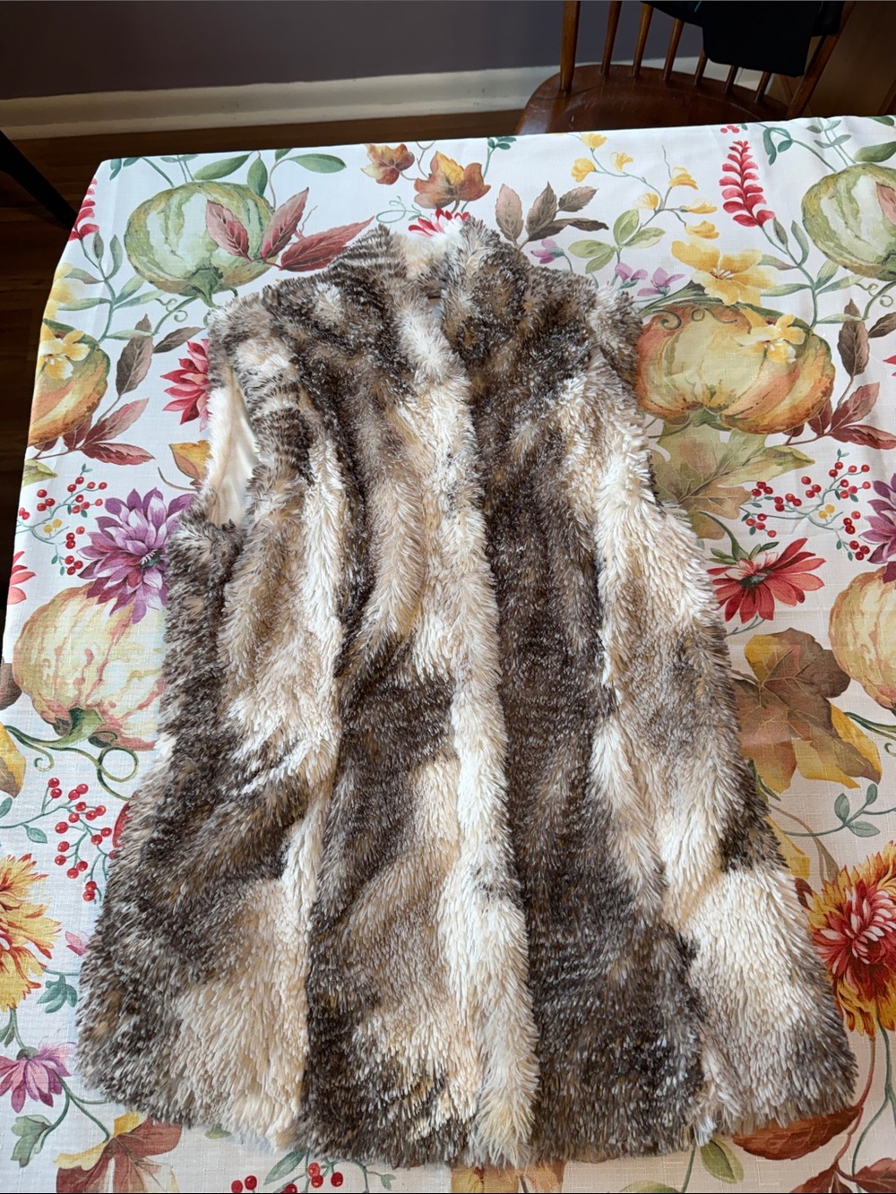 CAbi Faux Fur Vest in Brown and Cream Stripes
